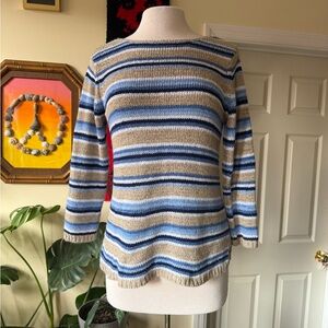 Vintage White Stag Striped Crewneck Boho Lightweight Sweater in Blue and Tan